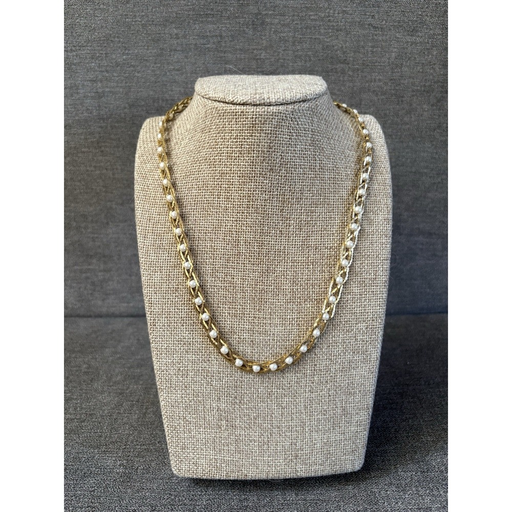 Vintage AVON Gold Tone Faux Pearl Braided Choker Necklace Spring Ring 18‎ Inch